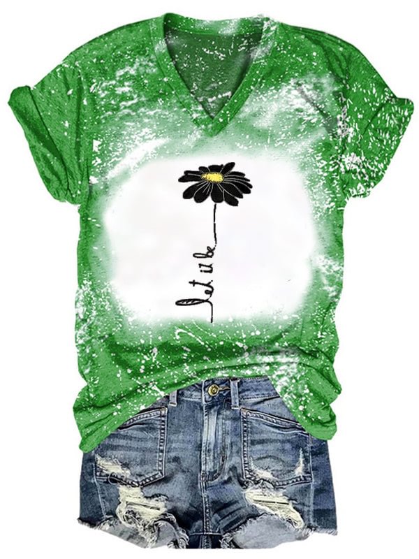 Short Sleeve V Neck Gradient Sun Flowers Be Kind Letter Printed T-shirt