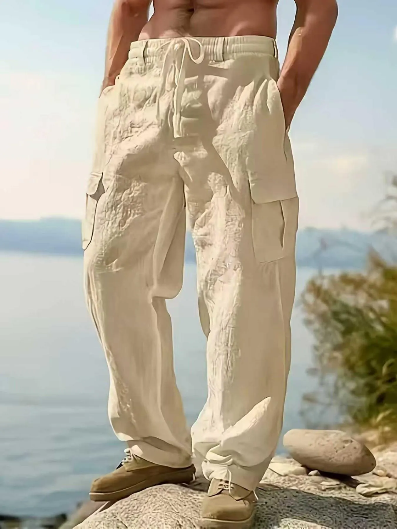 Men's Linen Cargo Pants Drawstring Multi-Pocket Straight Leg Breathable Outdoor Beach Classic Casual Long Pants, Casual Comfy Fashion, 2026 Cross-Border Fashion