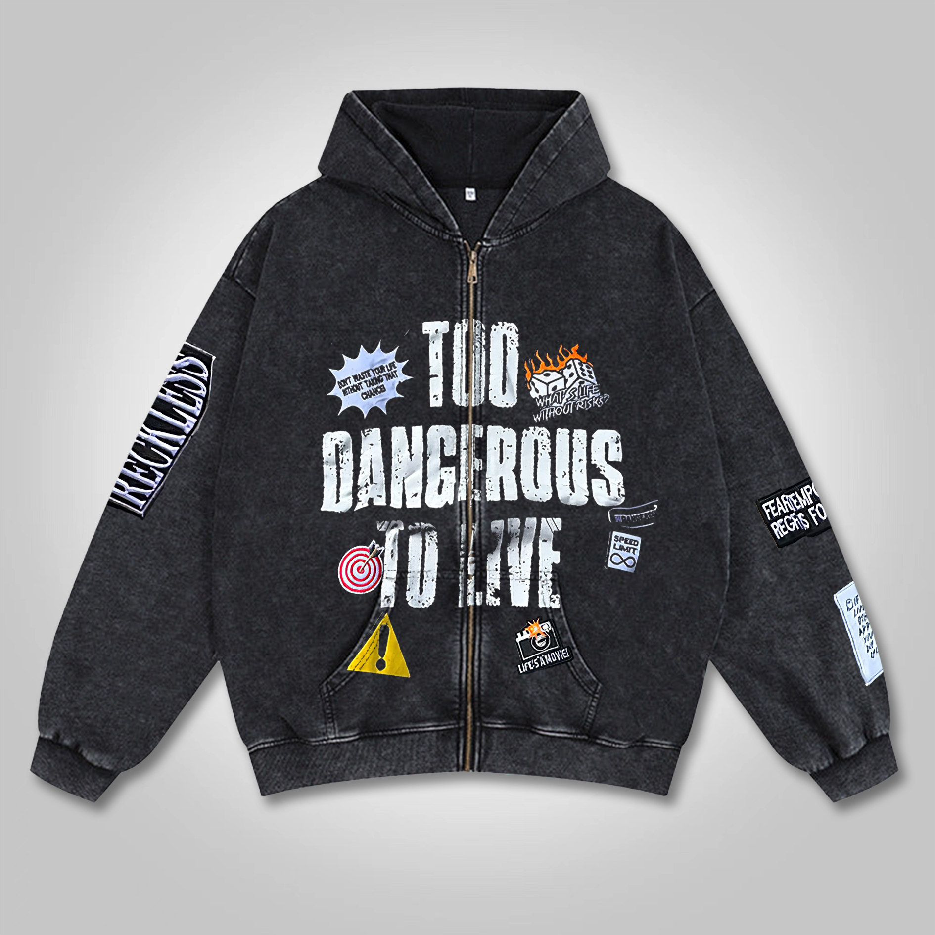 Sopula Vintage Too Dangerous To Live Graphic Washed Zip-Up Hoodie - SOPULA
