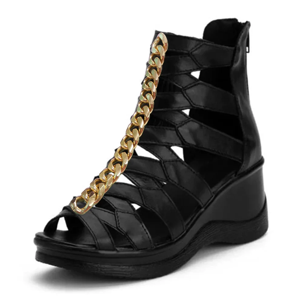 Black Leather Open Toe Gladiator Sandals With Chain Decor Wedge Sandals Nicepairs