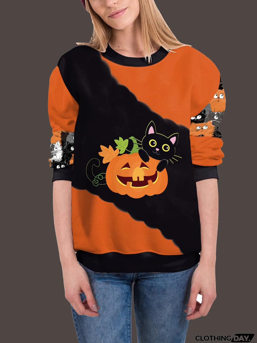 Women's Halloween Graphic Solid Color Scoop Neck Long Sleeve Top