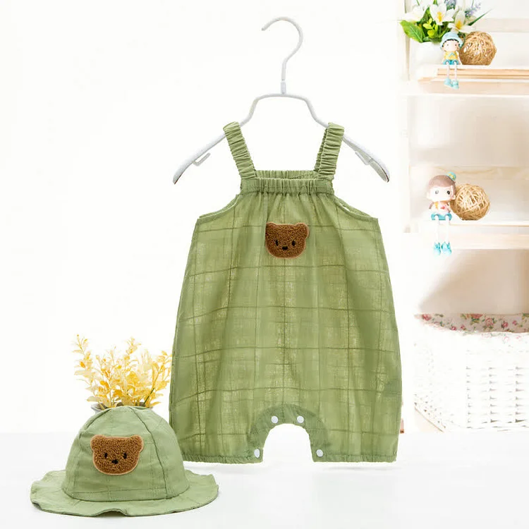 Baby Embroidered Bear Strap Romper with Hat