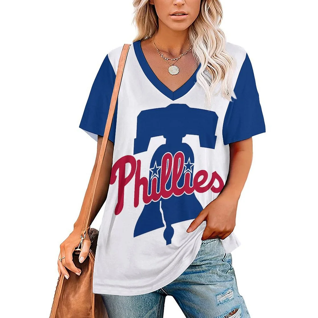 V-neck Short Sleeve Casual T-shirt for  Women Printed with Pattern Philadelphia Phillies, Blue, Red