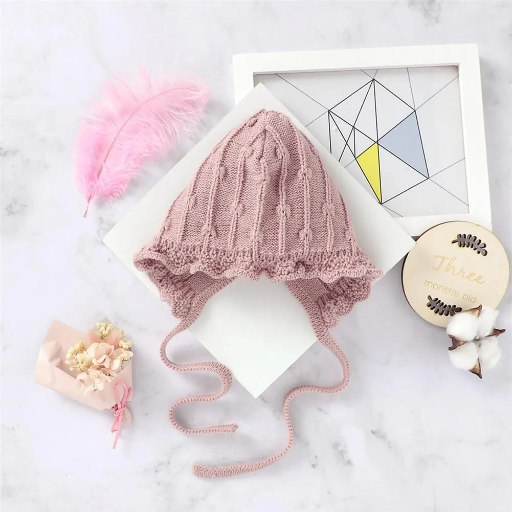 Infant Baby Knit Hat Soft Cute Beanie Hat Winter Christening Bonnet with Chin Strap Solid Color Winter Warm Accessories Caps
