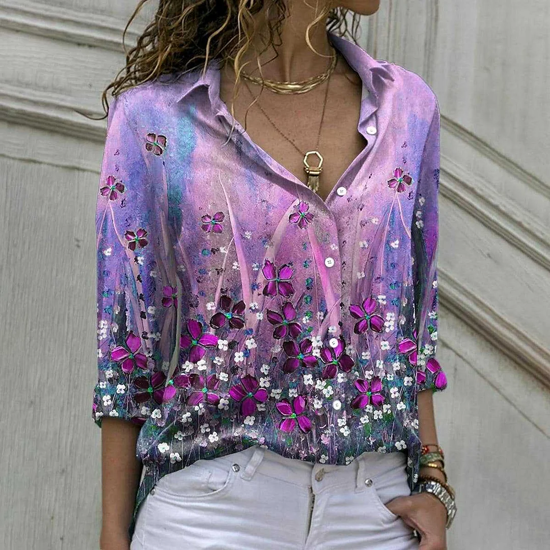 Casual Loose V Neck  Printed Long Sleeve Blouse