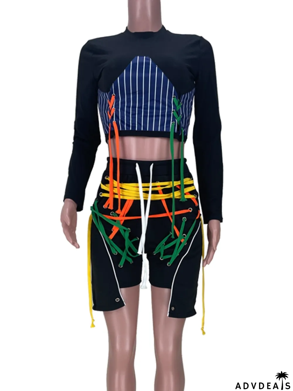 Autumn Black Fitted Lace-Up Crop Top and Shorts Set