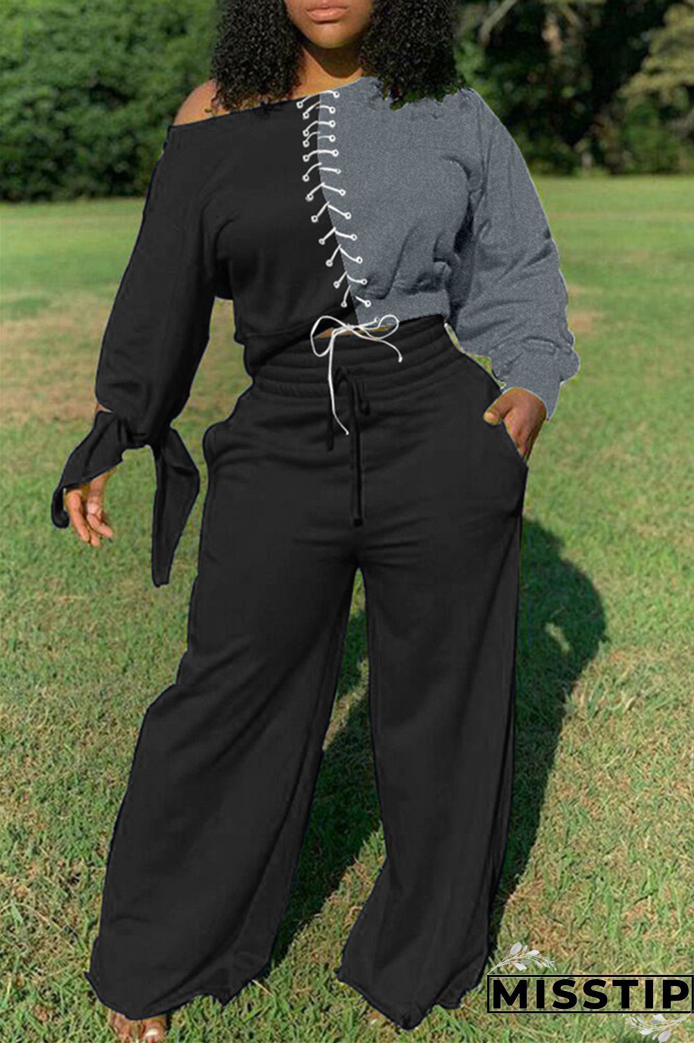 Gray Fashion Casual Long Sleeve Oblique Collar Regular Sleeve Short Patchwork Two Pieces