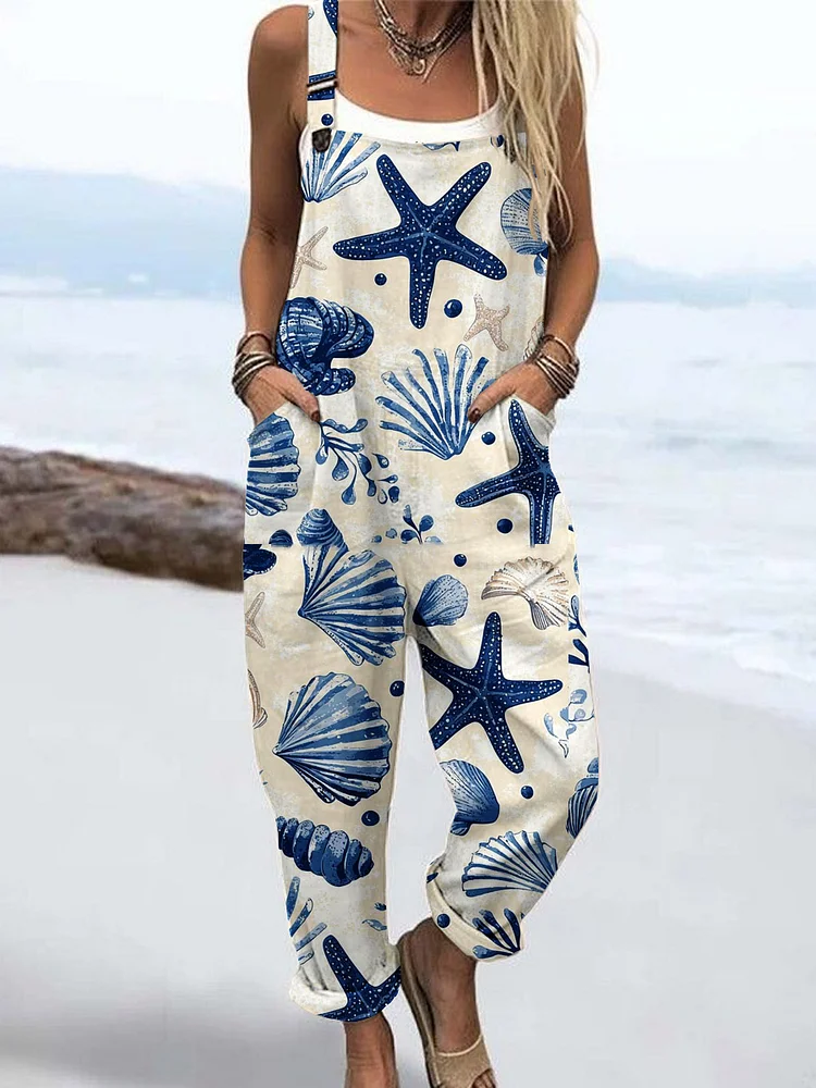 Wome'S Holiday Style Starfish Shell Pattern Print Casual Cotton Wide Leg Jumpsuit