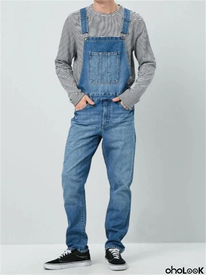 Blue Mens Multi-Pocket Denim Overalls Jumpsuit Dungarees Bib