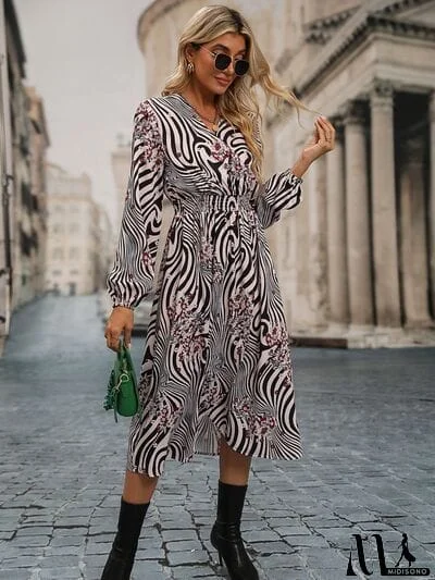 MidiSono - Animal Print Smocked Surplice Long Sleeve Dress