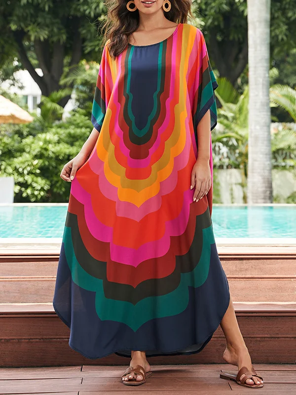 Batwing Sleeves Loose Contrast Color Printed Sun Protection Round-Neck Maxi Dresses