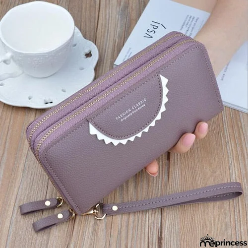 Women's Leather High Capacity Double Zipper With Wristband Purses