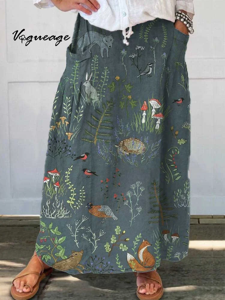 Hand Drawn Rabbit Fox Mushroom Printed Women's Casual Cotton And Linen Skirt