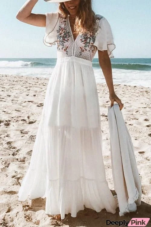 Embroidery Short Sleeve Maxi Cover Dress