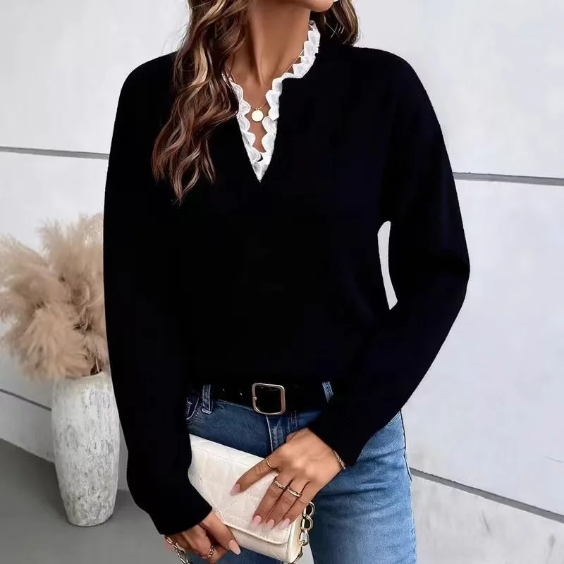 Athvotar Athvotar 2025 New Fashion Lace V-Neck Sweater Solid Color Loose Long-Sleeved Knitwear Shirt