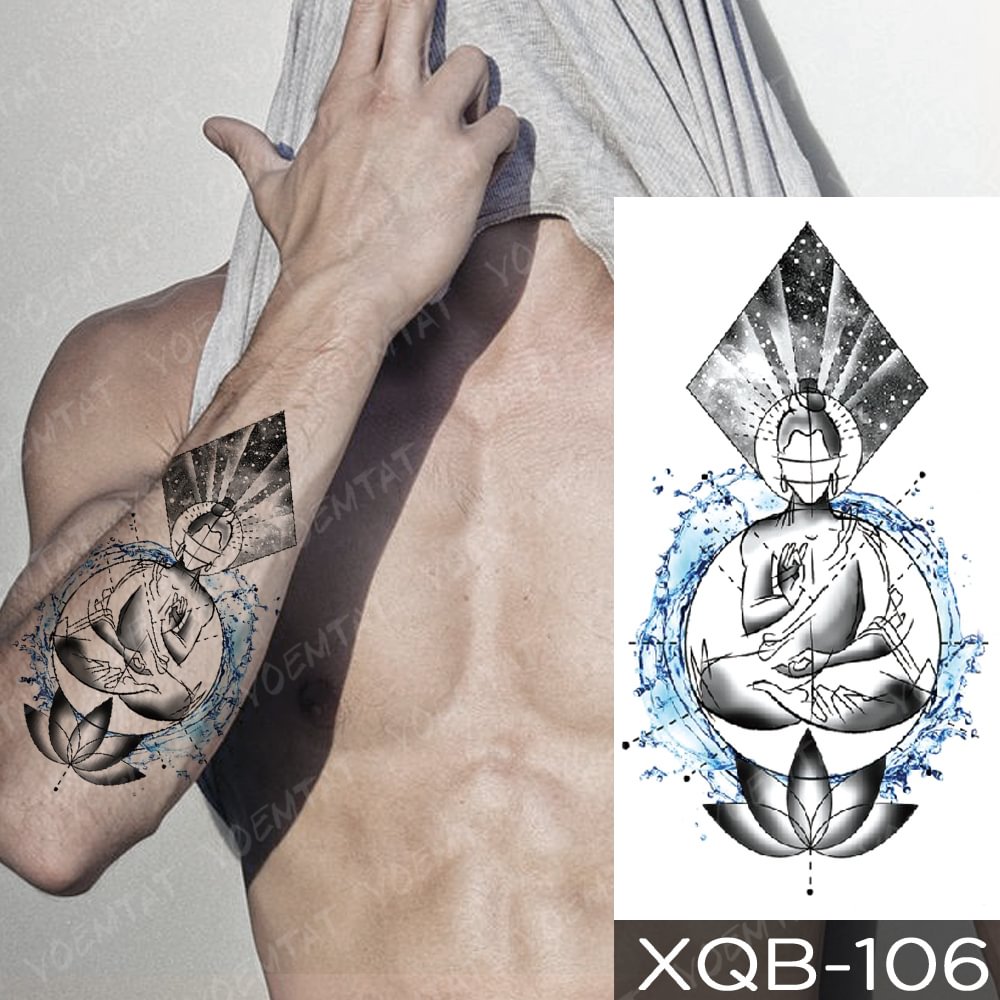 Gingf Temporary Tattoo Sticker Lotus Wisdom Ocean Buddha Shakyamuni Flash Tatto Wolf Lion Body Art Arm Fake Tatoo Women Men