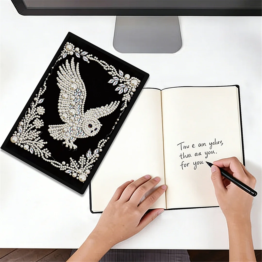 Owl Partial Pearl DIY 50 Pages A5 Diamond Painting Notebook Special Shaped Diamond Art Diary Book Kits Wireless Strip 5D Crystal Art Paintings Sketchbook for Art Drawing