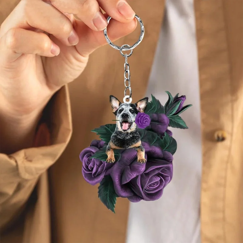 VigorDaily Australian Cattle In Purple Rose Acrylic Keychain PR107