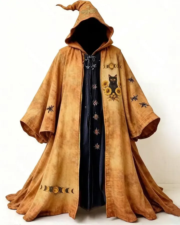 Men's Summer Fashion Hippie Style Star and Moon Print Linen Hooded Cape 1931