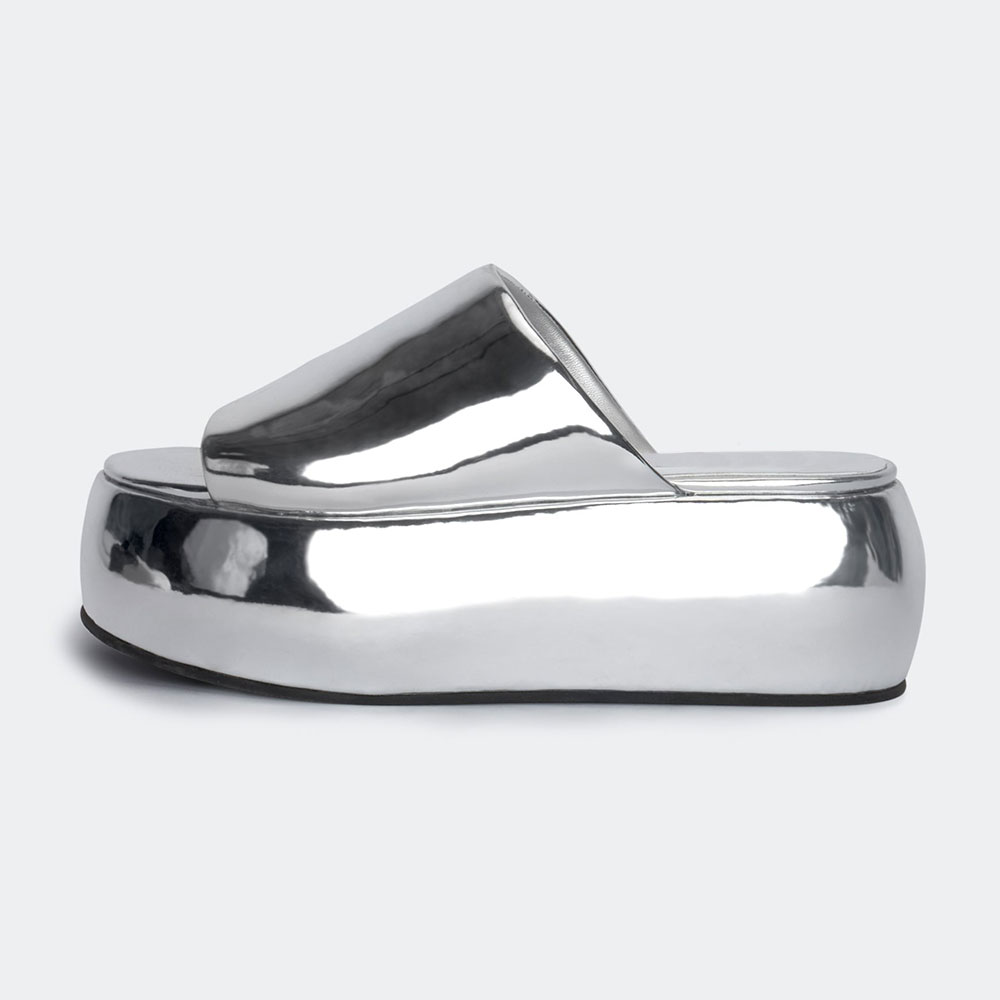 Silver Metallic Finish Open Toe Platform Sandals with Wedge Heels Nicepairs
