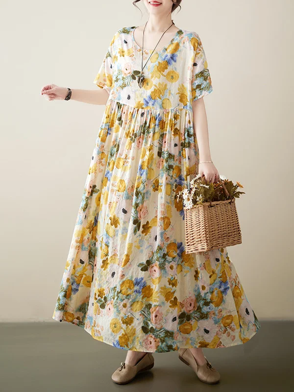 A-Line Loose Floral Printed Round-Neck Midi Dresses