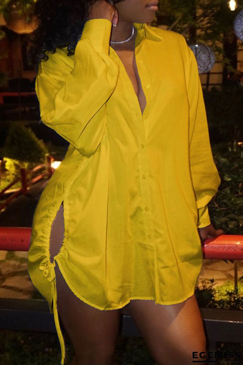 Yellow Fashion Casual Solid Bandage Hollowed Out Turndown Collar Shirt Dress | EGEMISS