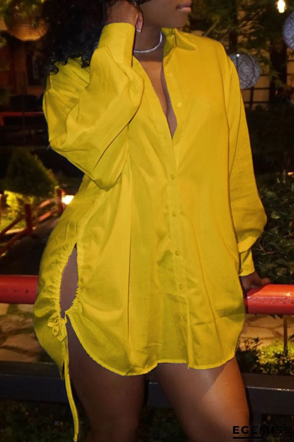 Yellow Fashion Casual Solid Bandage Hollowed Out Turndown Collar Shirt Dress | EGEMISS