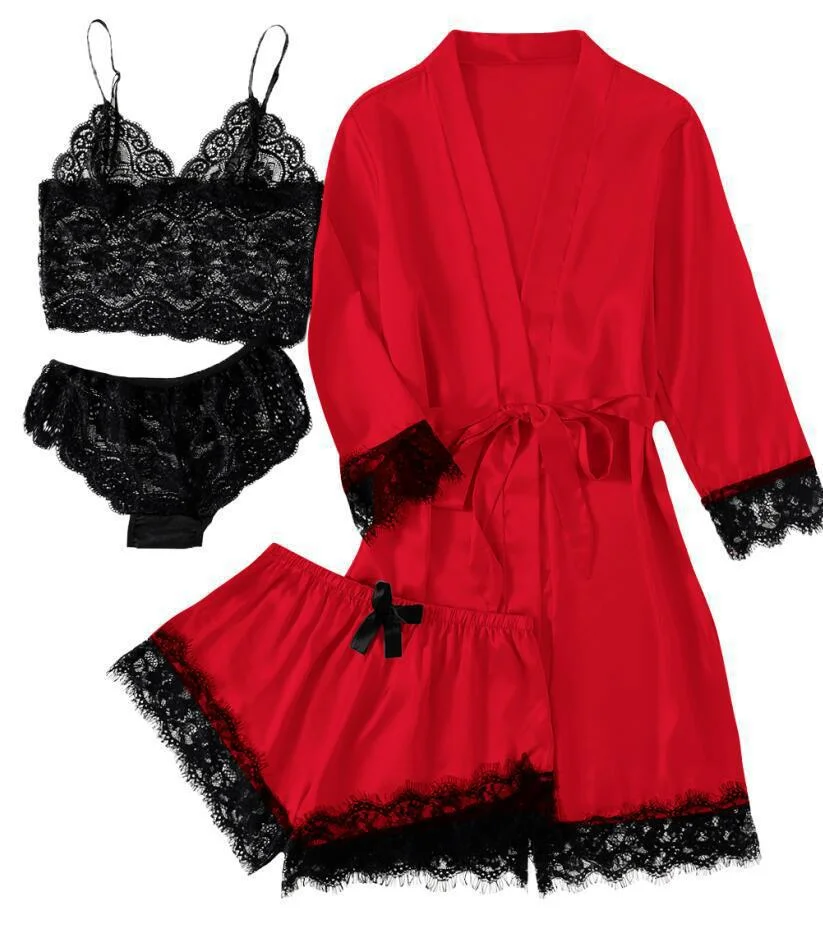 Brownm 2021 New Ladies Pajamas Four-Piece Sexy Sling Skirt Set Home Lace Pajamas Set