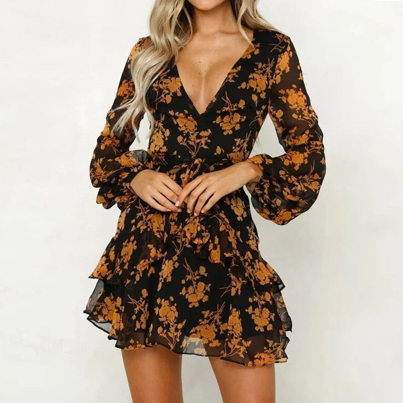Graduation Gifts  Floral Print V Neck Dress Women Spring 2023 Long Sleeve Perspective Cascading Ruffle Dress Casual  Party Lady Mini Vestidos