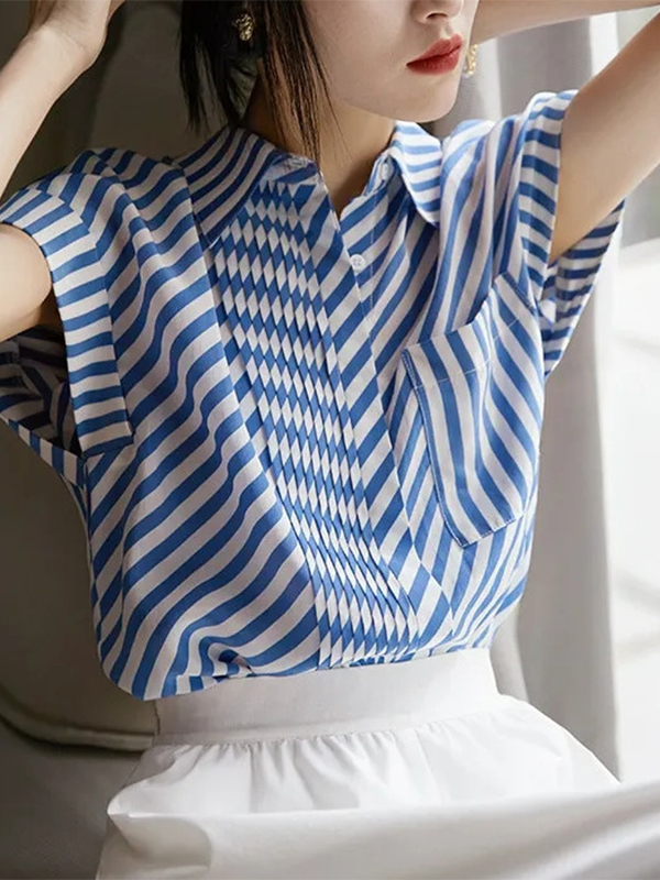 Blue And White Asymmetric Striped Pattern Chest Pocket Shirt