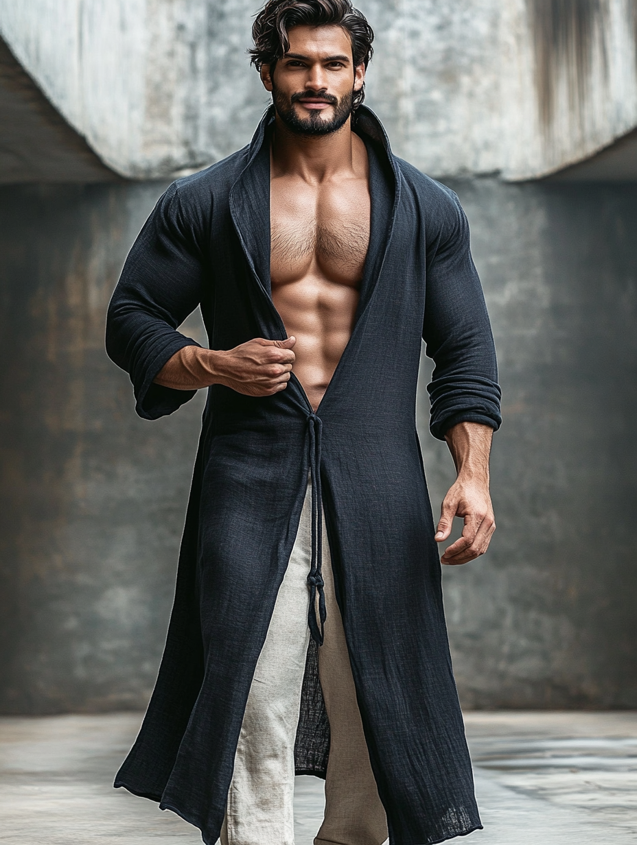 Men's Vintage Casual Black Linen Hooded Long Sleeve Cardigan