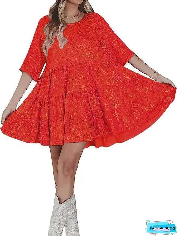 Color Fashionable Sequins Round Neck Loose Waist Sleeve Dresses
