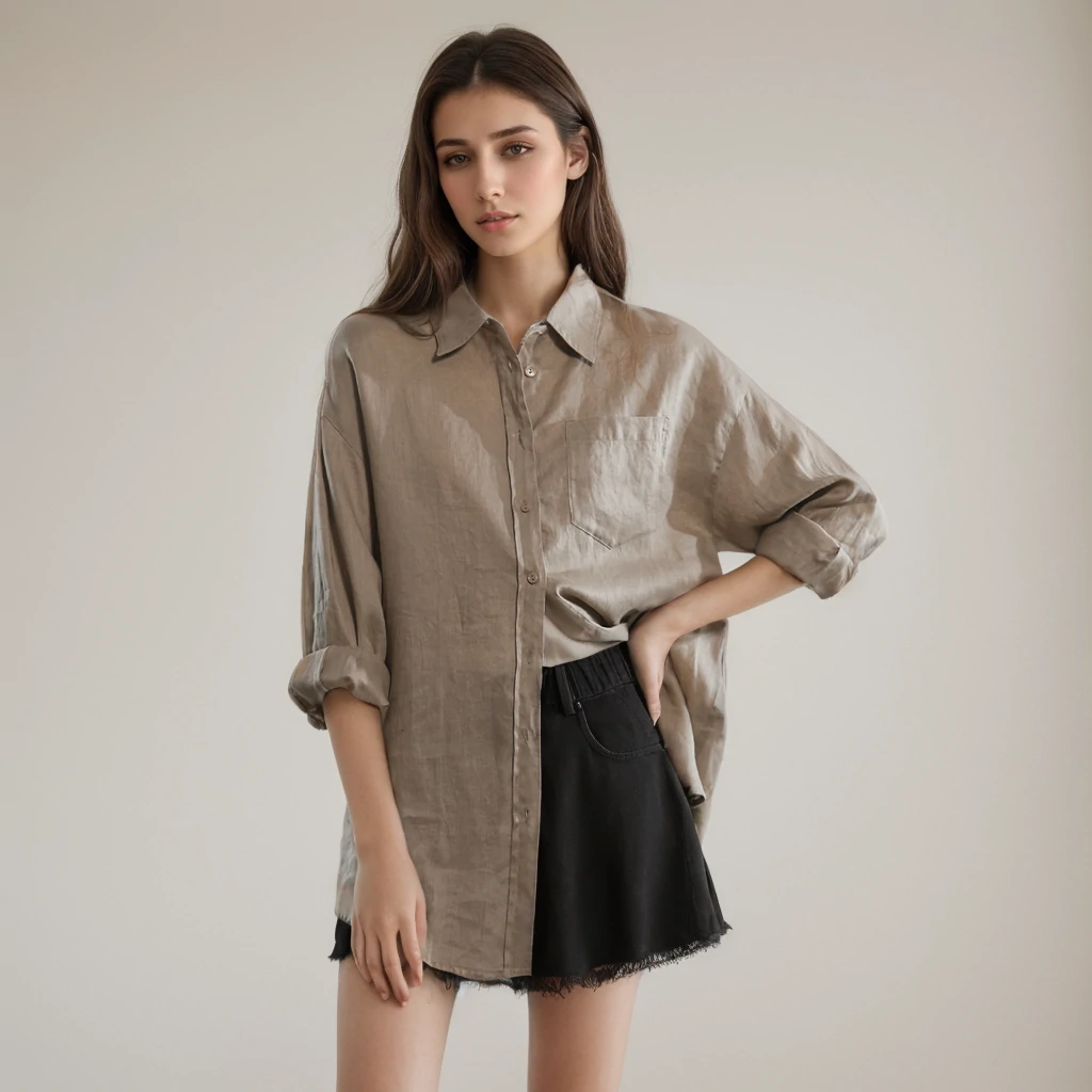 Chemise fine en lin 100% européen pour femmes, couleur unie, kaki- SOIE PLUS