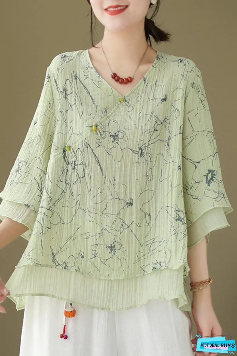 Loose Summer Retro Print Loose Linen Blouse