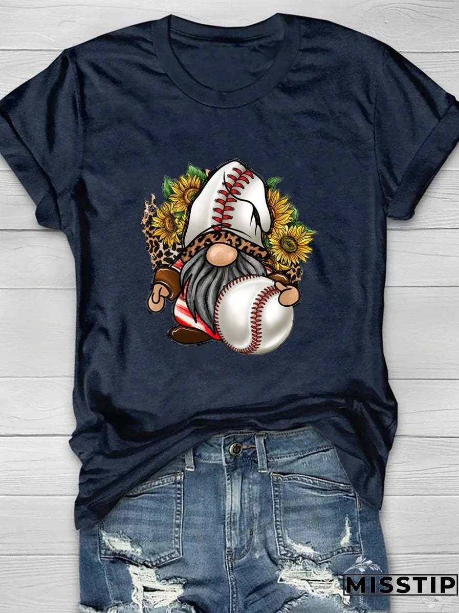 Western Baseball Gnome Print Short Sleeve T-Shirt