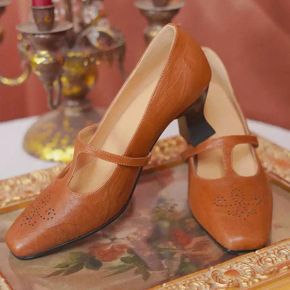 Vintage Brown Square Toe Spool Heel Mary Jane Pumps for Women Nicepairs