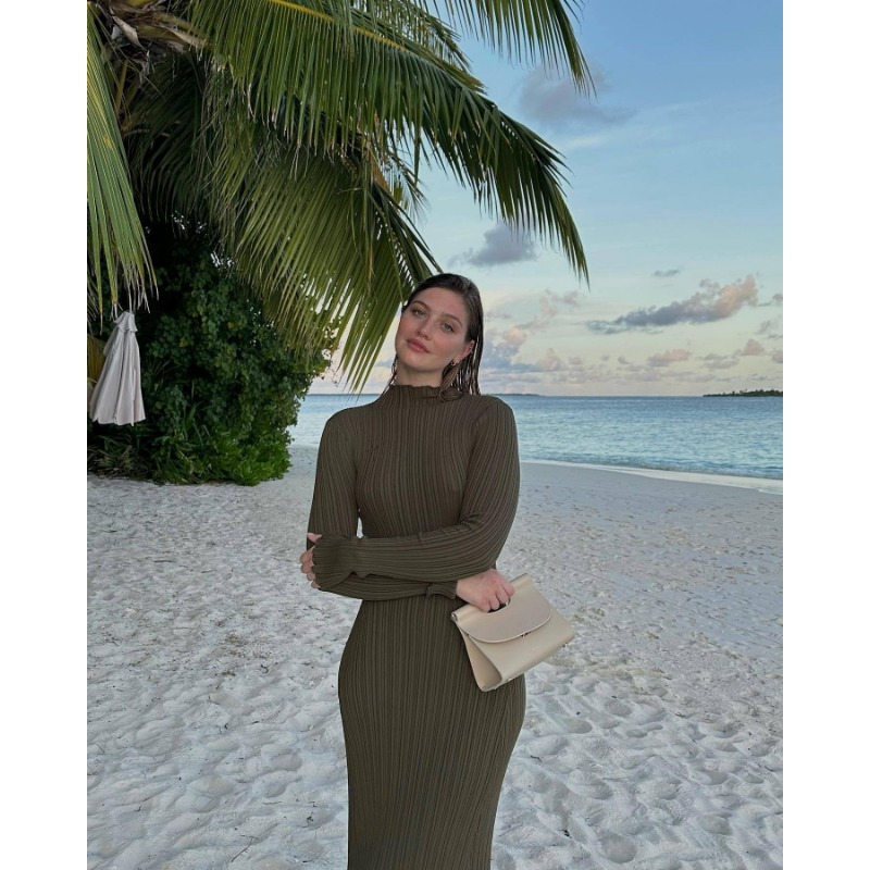 Ootddress Autumn Ruffled Knitwear Long Dress Female Long Sleeve Loose Ribbed High Waist Maxi Dress Streetwear Knit Solid Women Dress