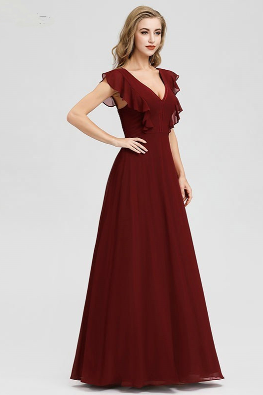 Gorgeous Burgundy V Neck Prom Dress Ruffles Long Evening Gowns