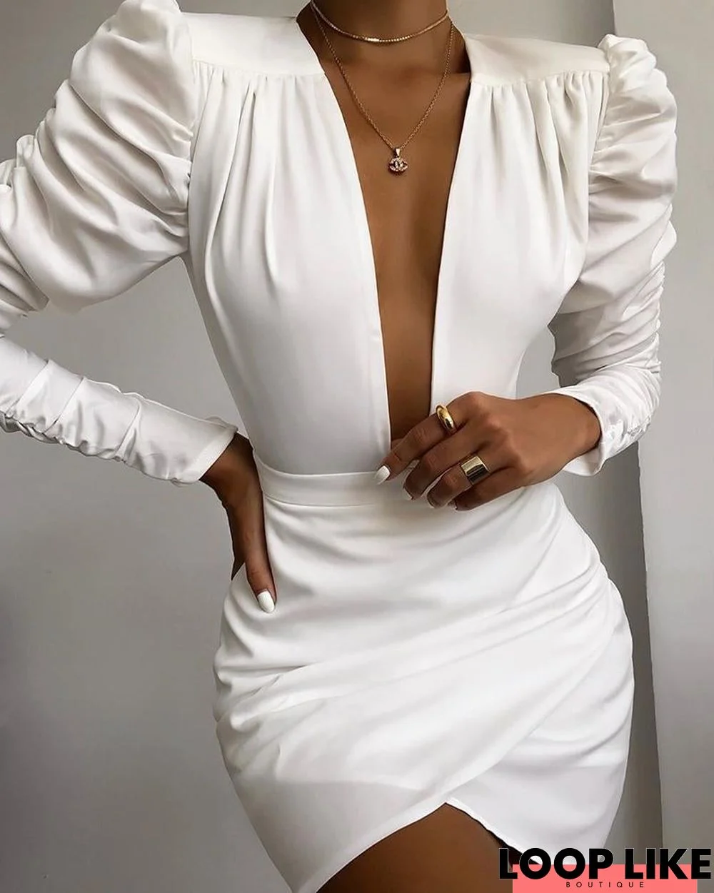 Solid Puff Sleeve Ruched Bodycon Dress White Dresses