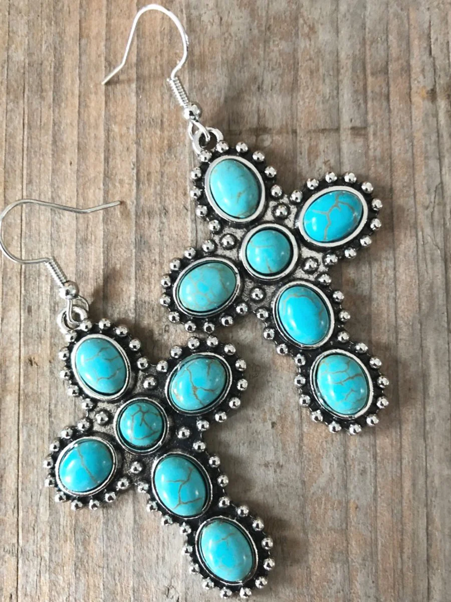 Vintage Cross Pattern Turquoise Earrings