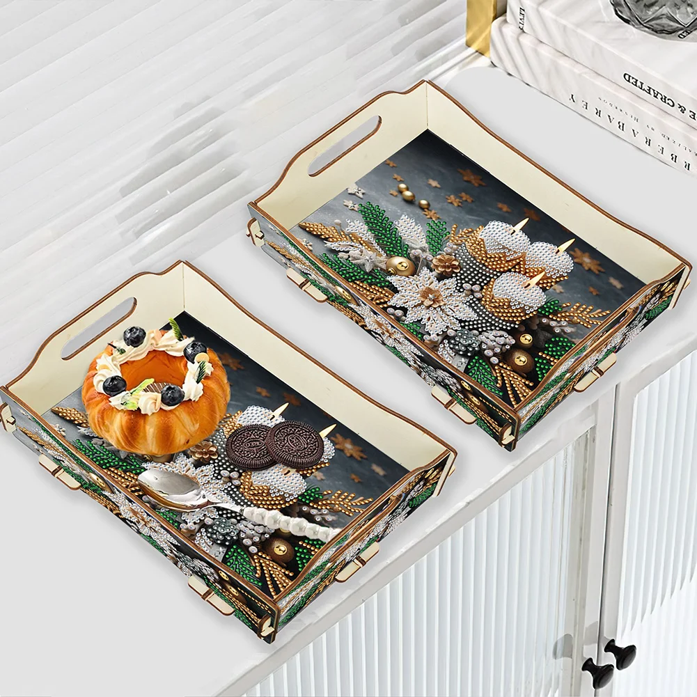 5D DIY Candle Diamond Painting Wooden Serving Tray with Handle for Coffee Table