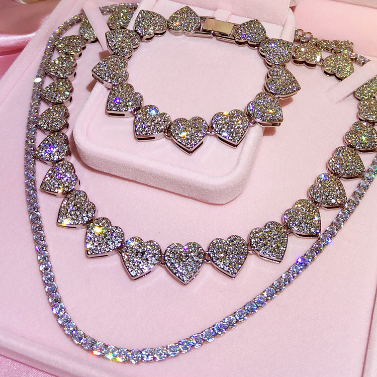 15.5MM Hip Hop Full Crystal Paved Iced Out Heart Link Necklace For Women