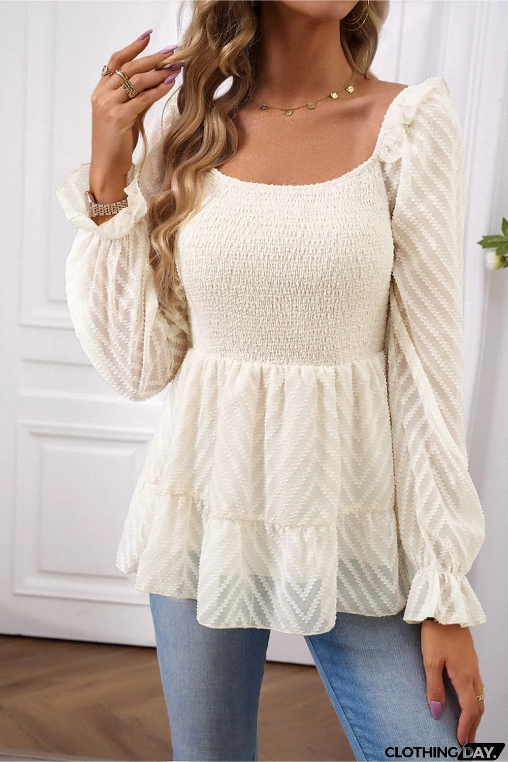 Square Neck Flounce Sleeve Peplum Top