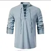 Men's Casual Stand Collar Drawstring Design Cotton Linen Henley Long Sleeve T-Shirt