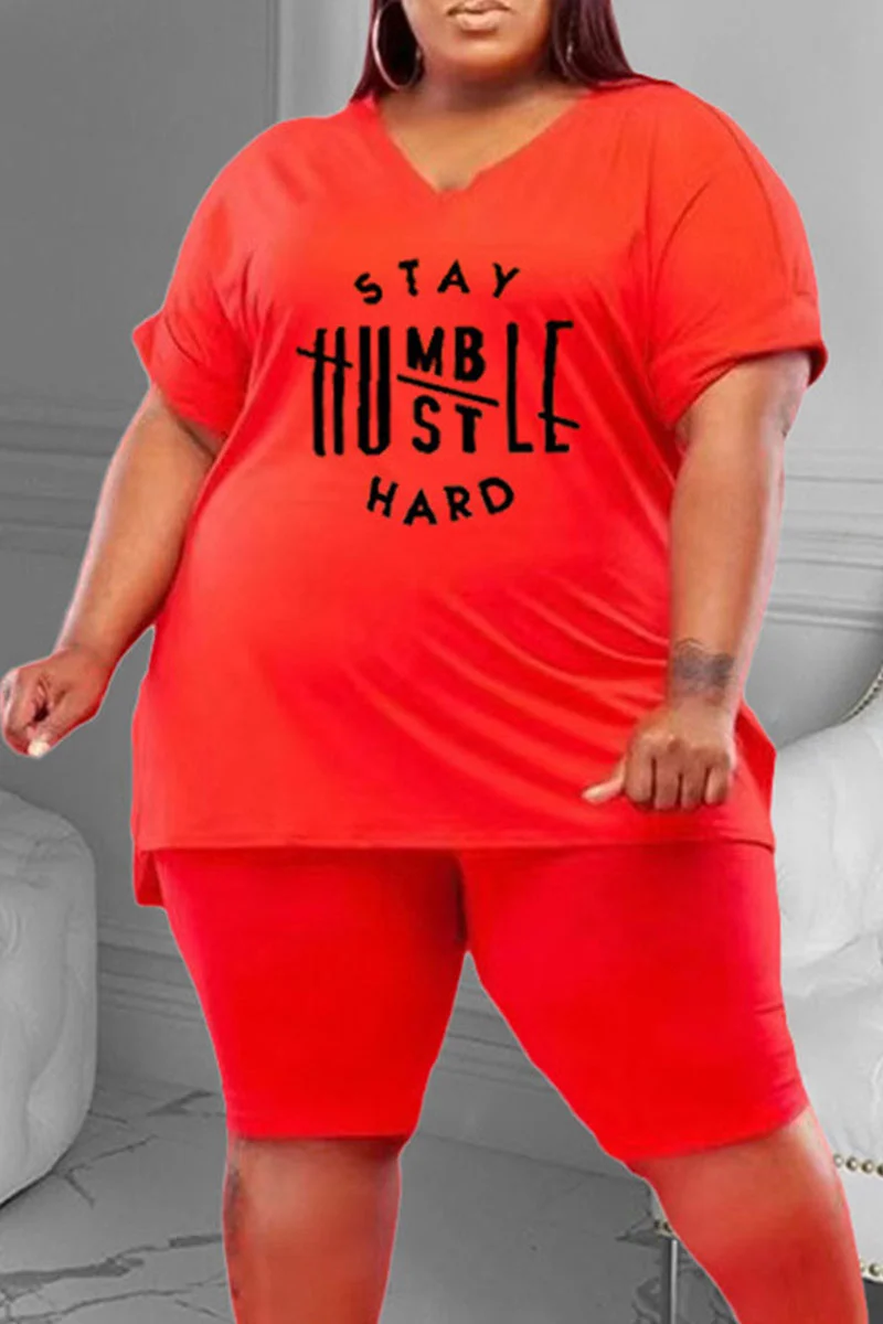 Red Casual Print Split Joint Slit V Neck Plus Size Two Pieces