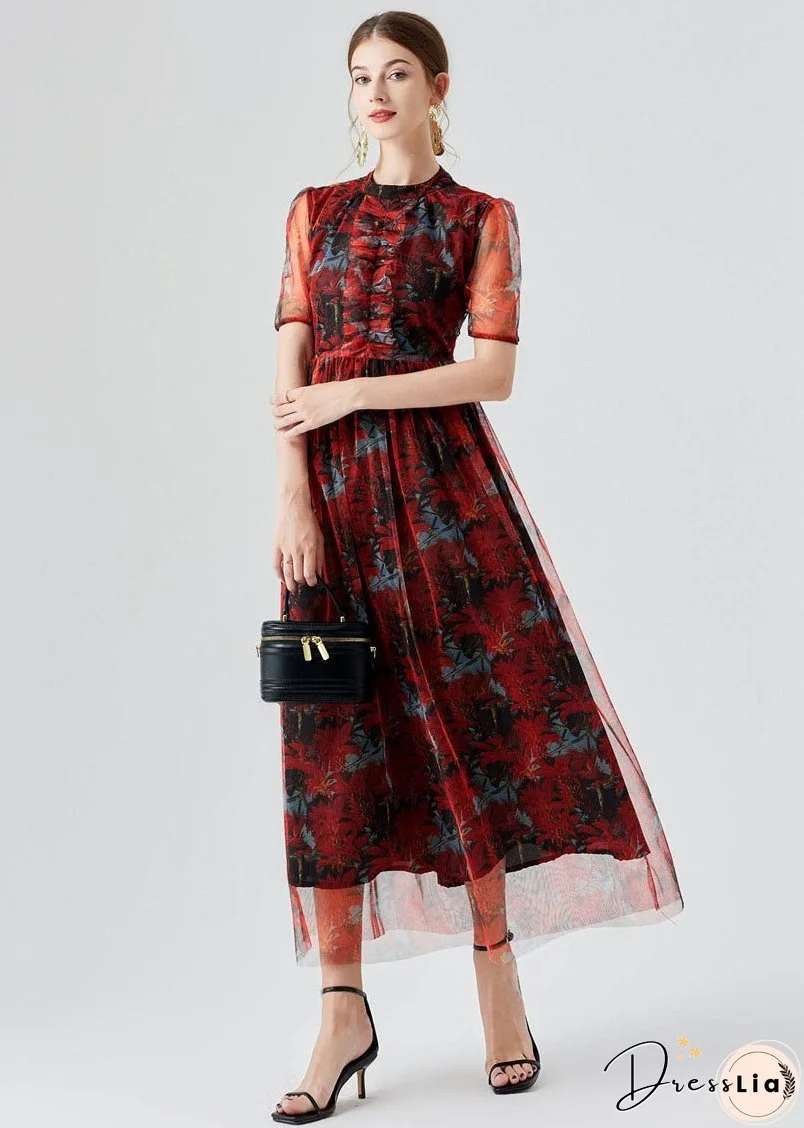 Vogue Red Ruffled Print Patchwork Tulle Long Dress Summer