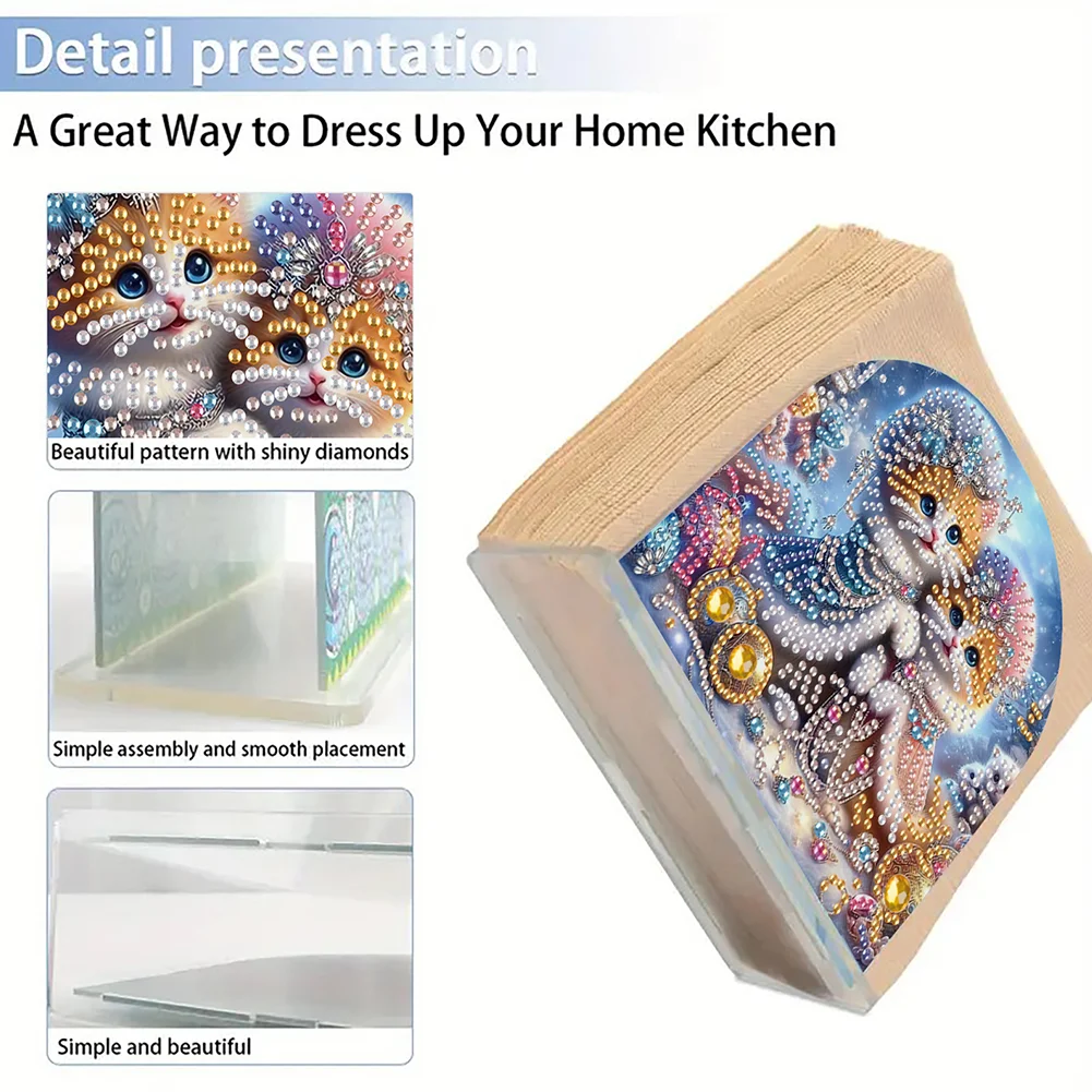 5D DIY Cat Acrylic Diamond Art Painting Napkin Holder Set