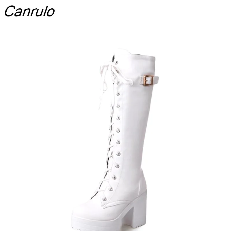 Canrulo Style Fashion Waterproof Non-Slip Boots High heel boots with laces Shoes Women's with Fleece Snow Boots Women black white