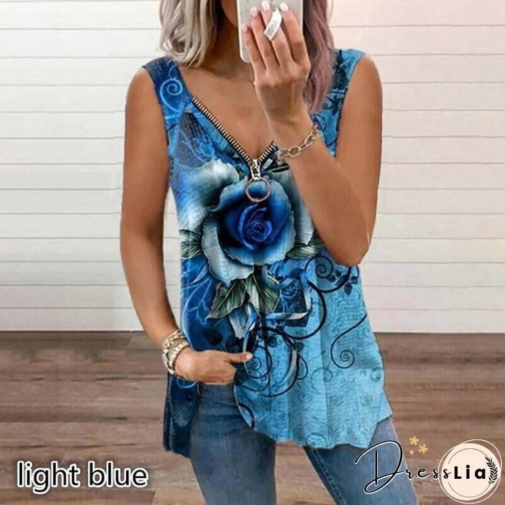 Women's Top Summer New Fashion Rose Flower Printed Casual Plus Size Sleeveless Zipper V-neck Top Loose Soft and Comfortable Tank Top XS-5XL