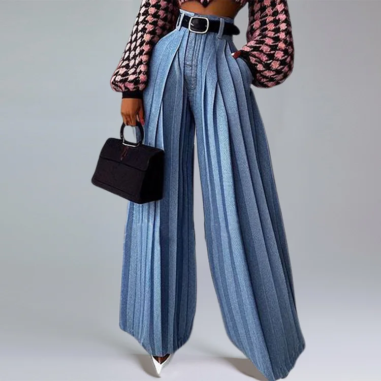 Fashion High Rise Slant Pocket Pleated Wide Leg Denim Jeans
